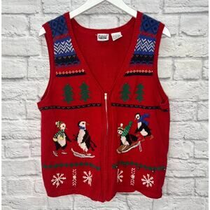 Vintage 90s Capacity Womens Sweater Vest Zip Red Size 1X Christmas Penguin Bells